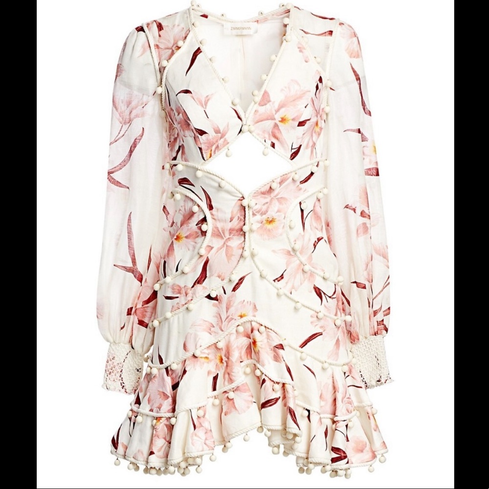 ZIMMERMANN Corsage Linen Orchid Bauble Mini Dress. SZ 1
